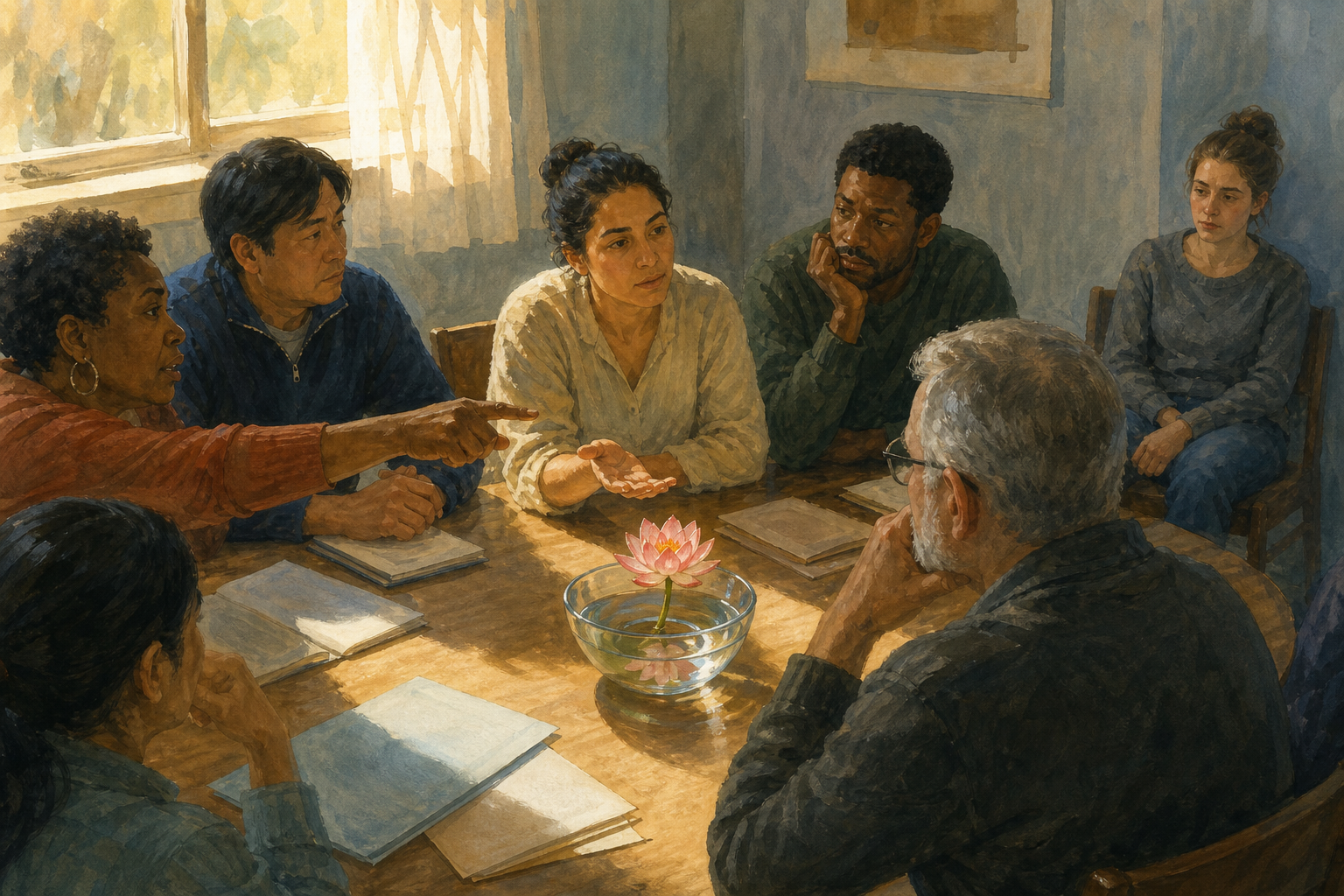 Adults hold a serious community meeting around a table with a lotus in a water bowl as one participant pauses to listen.