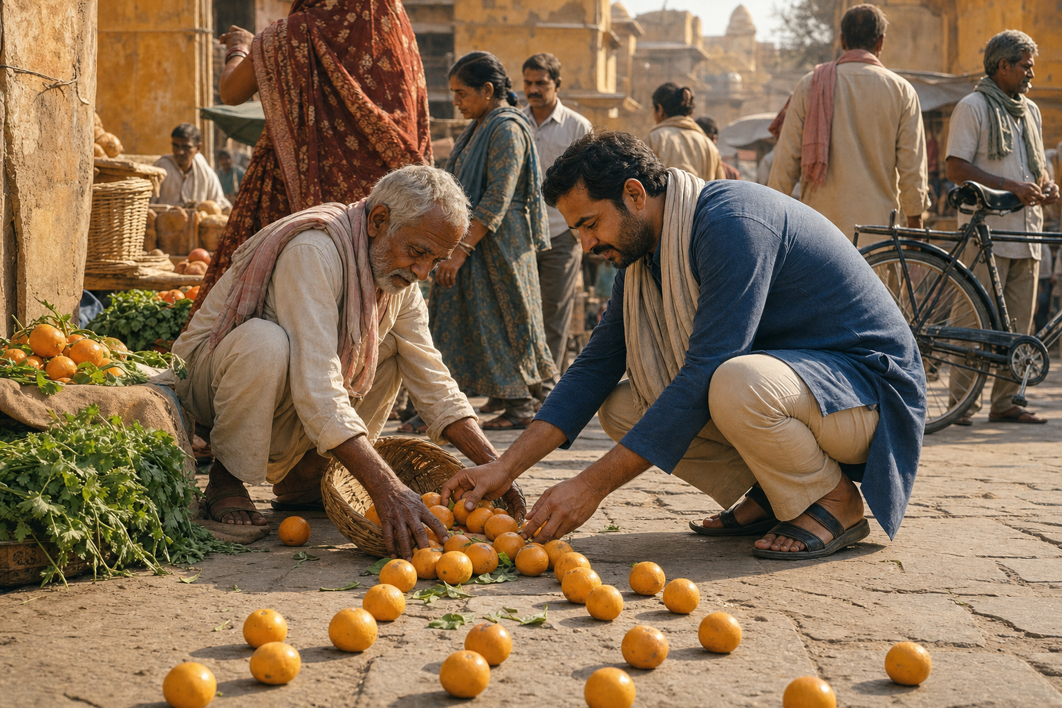 A person kneels in a crowded outdoor market to help an older vendor collect oranges spilled on the pavement.