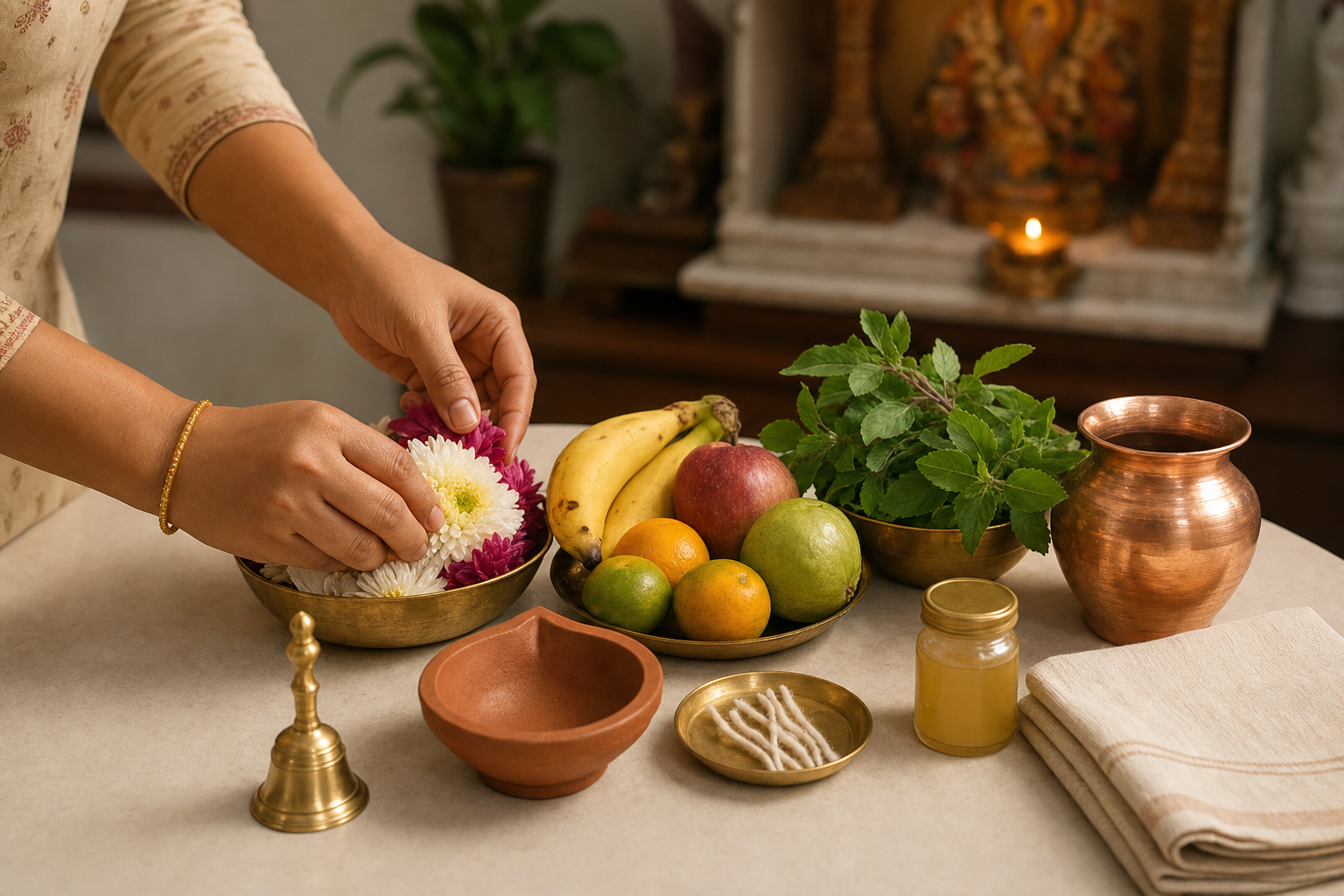 A person arranges flowers, fruit, tulsi leaves, a clay lamp, cotton wicks, a copper vessel, and a bell for the next morning's observance.