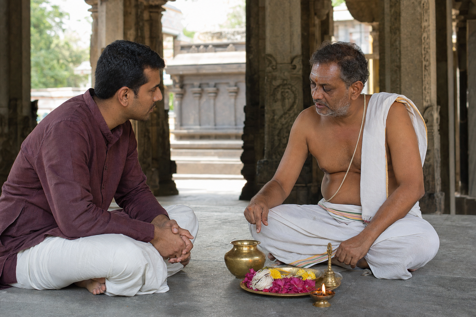 A pilgrim listens as a temple priest explains a ritual beside flowers, a brass water vessel, sacred thread, and an oil lamp.