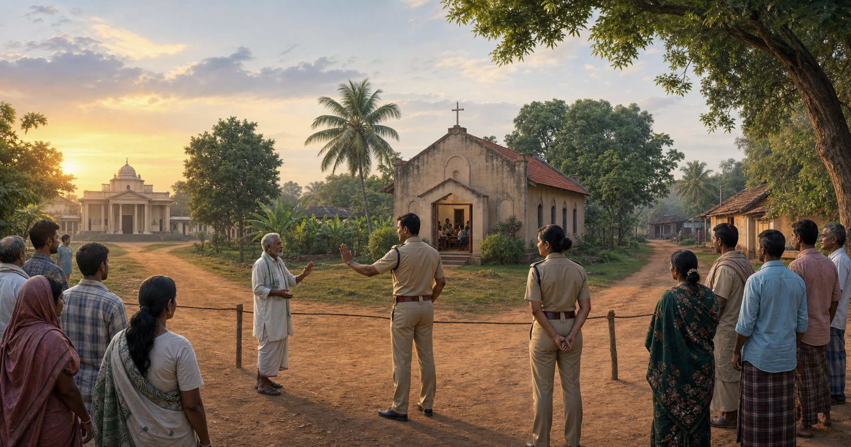A modest rural church in Odisha with worshippers inside, local residents standing at a distance, and civil authorities calmly maintaining space between the groups.