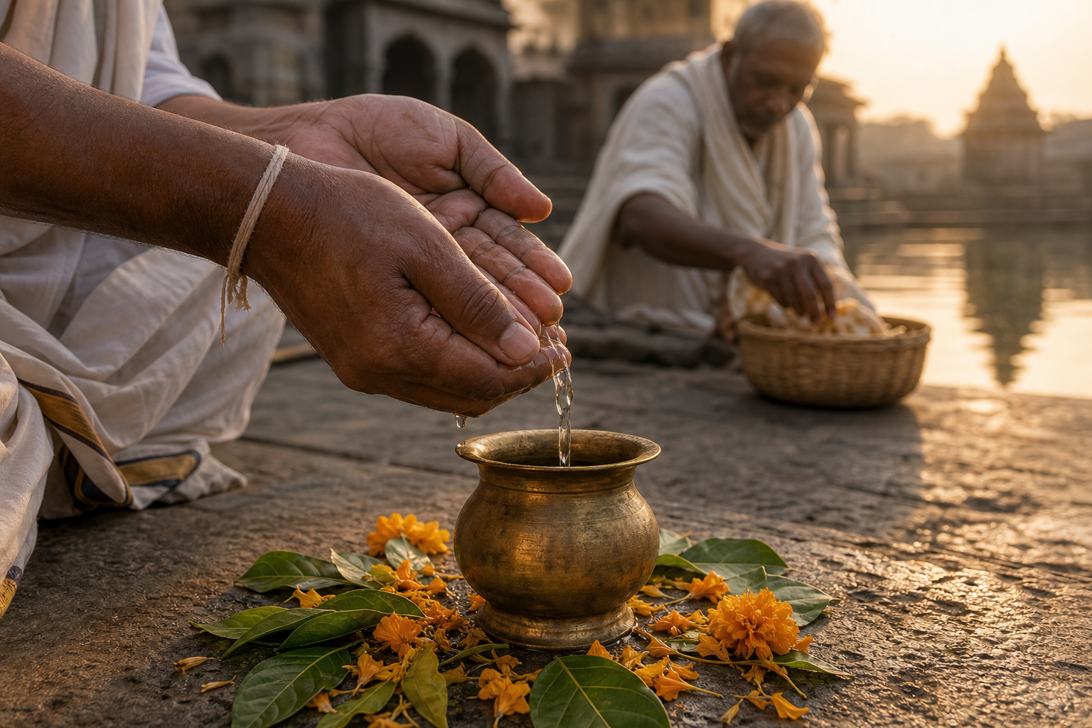A pilgrim pours water into a brass vessel for a sankalpa while another person places food in a donation basket nearby.