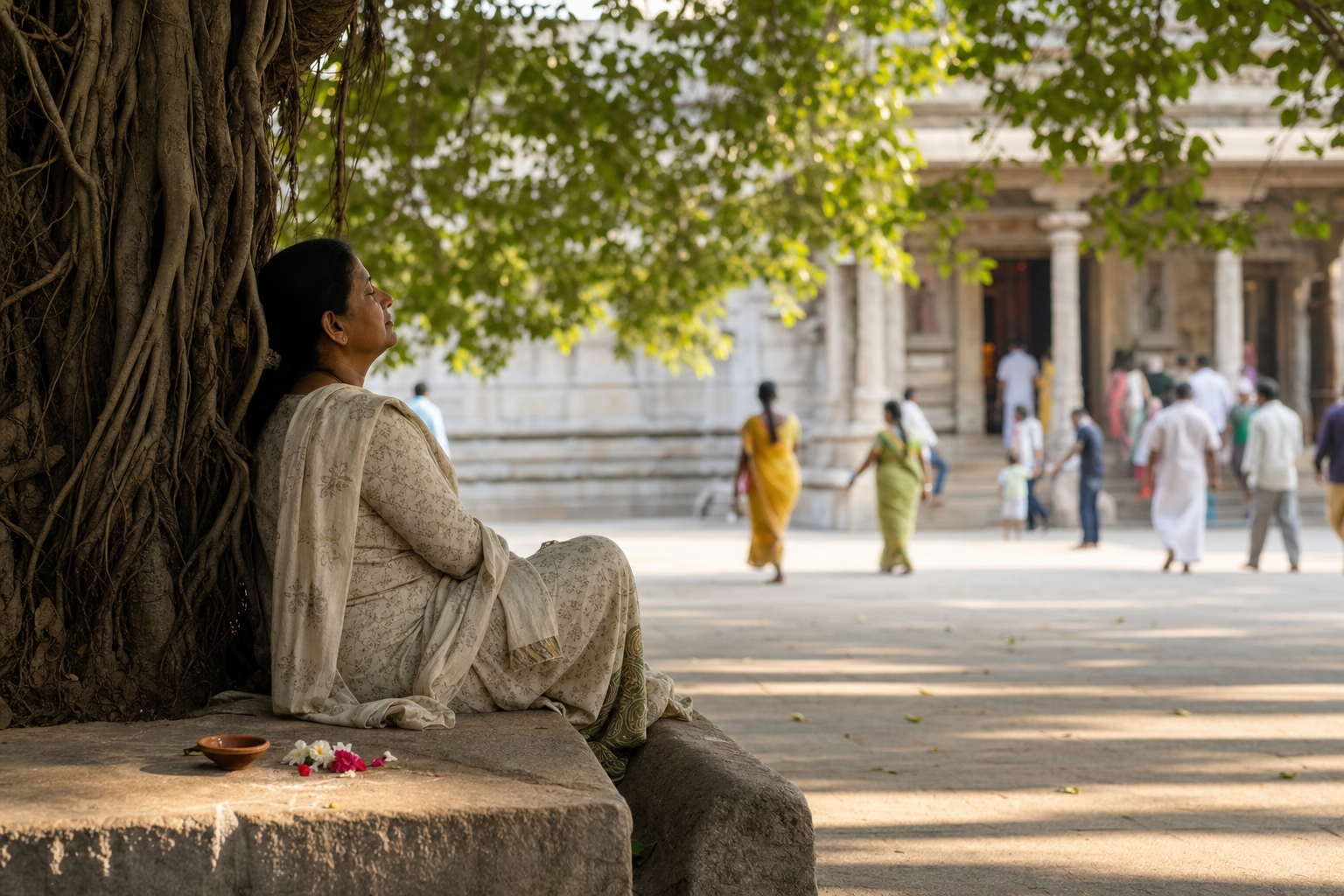 A pilgrim sits peacefully beneath a banyan tree in a temple courtyard after worship, with an extinguished clay lamp and flower petals nearby.