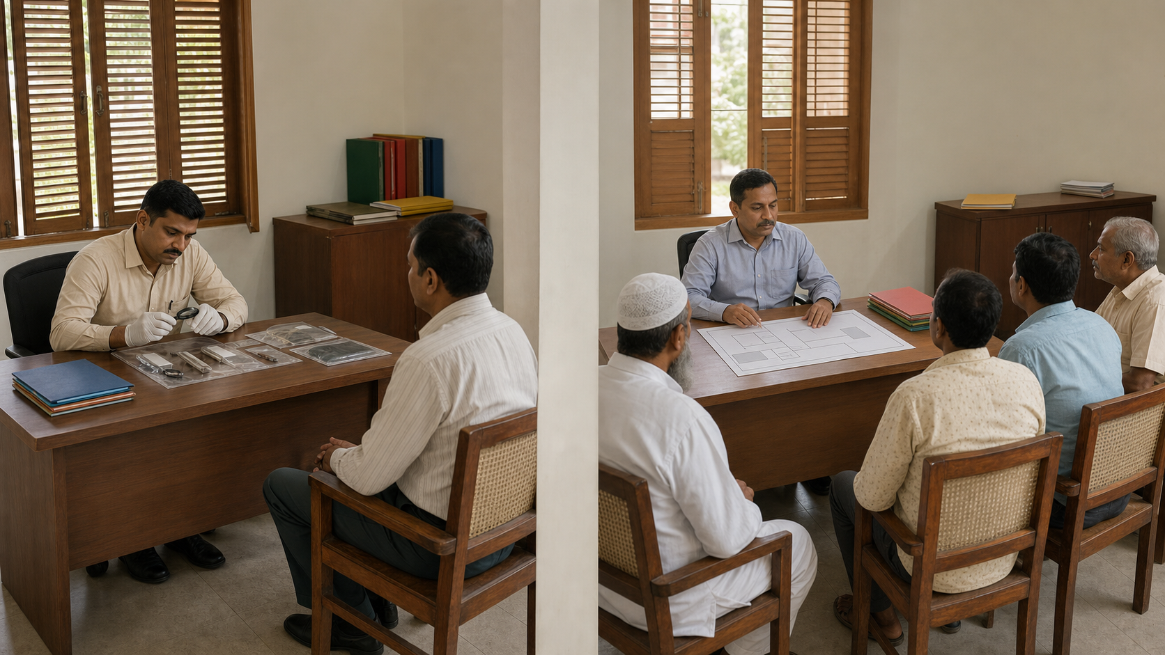 Officials in an Odisha administrative office document evidence and hear witnesses at two separate work areas while community representatives wait calmly.