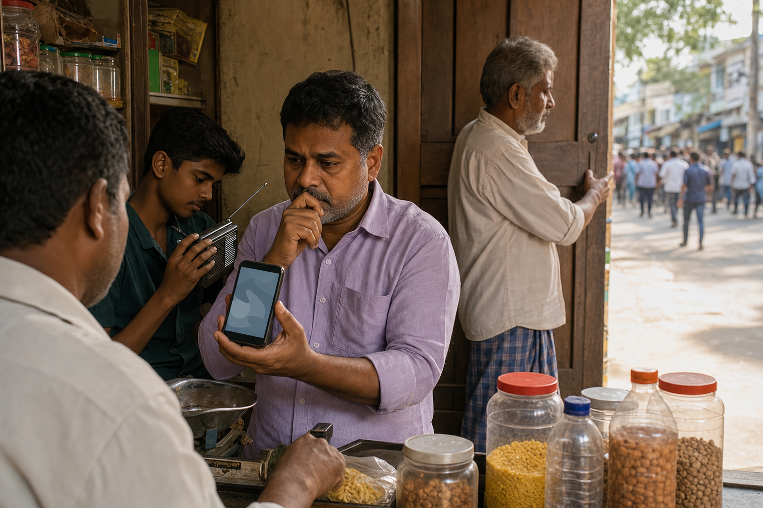 A shopkeeper pauses over a phone while family members verify information and continue serving a customer inside a neighborhood shop.