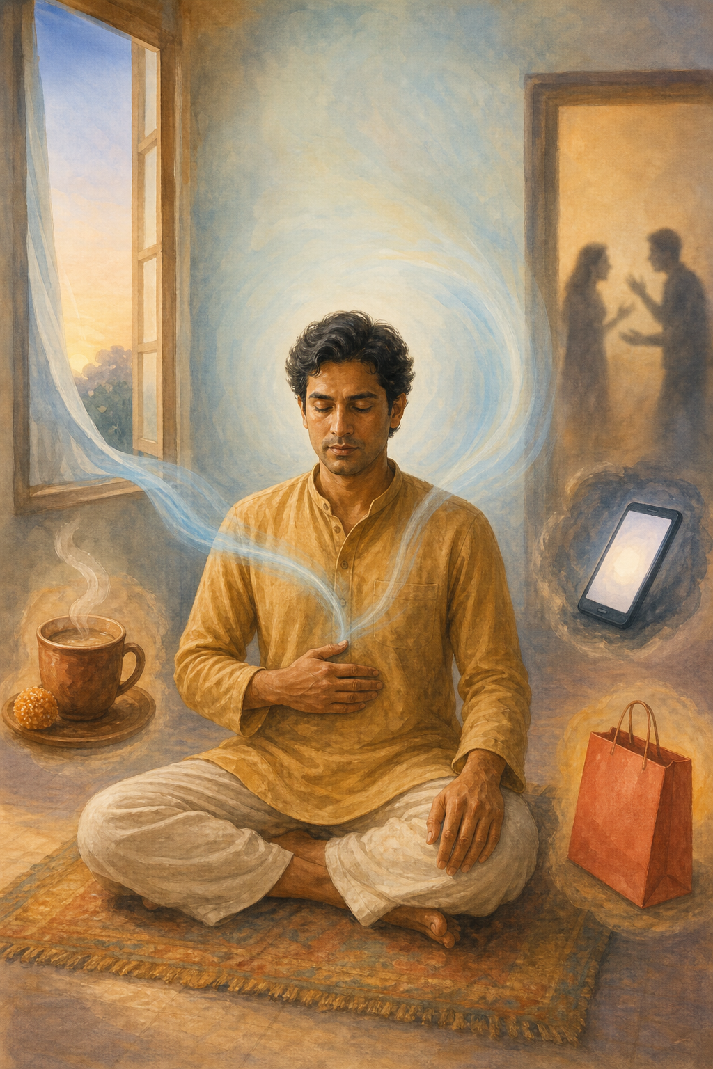 A person sits beside an open window at dawn, calmly observing the breath while a screen, a parcel, a steaming drink, and a distant argument appear around them as separate distractions.