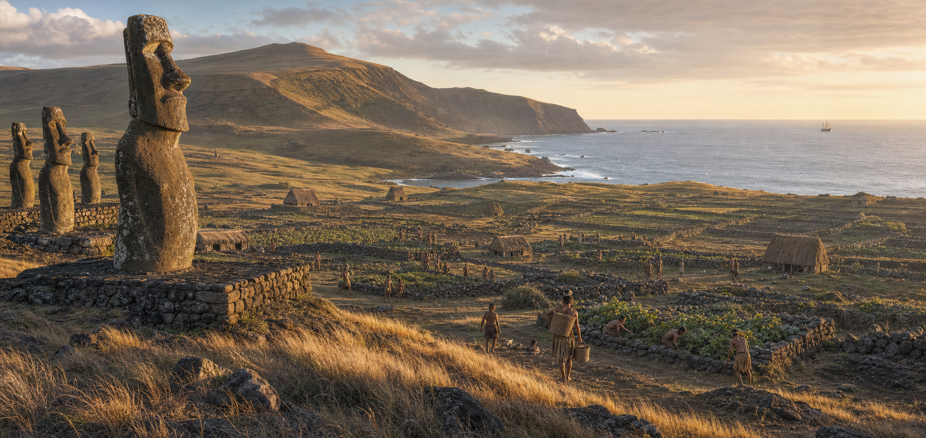 Rapa Nui residents tend stone-mulched gardens near an ahu with standing moai while a sailing vessel appears on the distant ocean horizon.