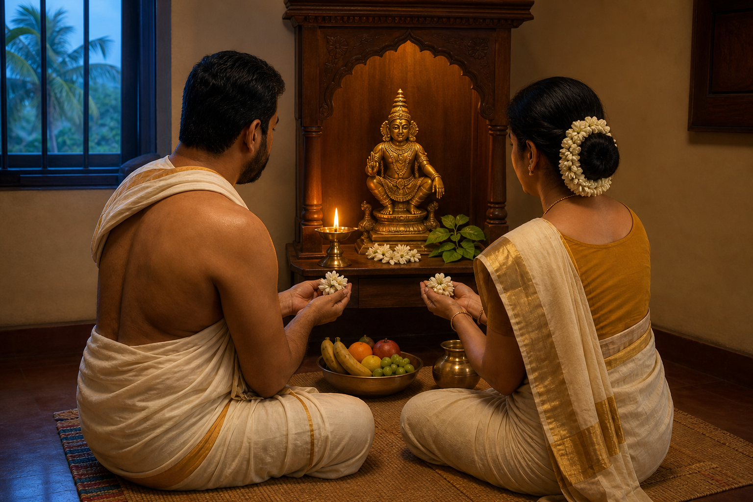 A couple offers jasmine flowers before a brass Shasta shrine illuminated by an oil lamp in a South Indian home.