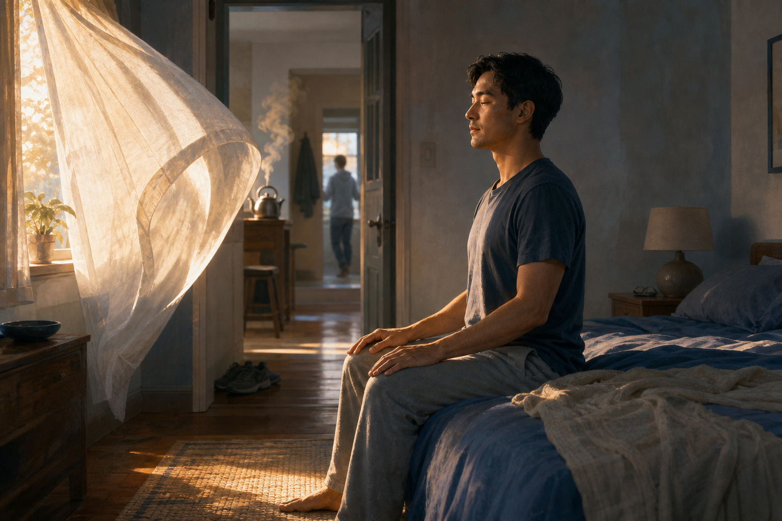 An adult practices quiet breathing on the edge of a bed at sunrise while a curtain moves in the breeze and signs of a busy morning appear through the doorway.