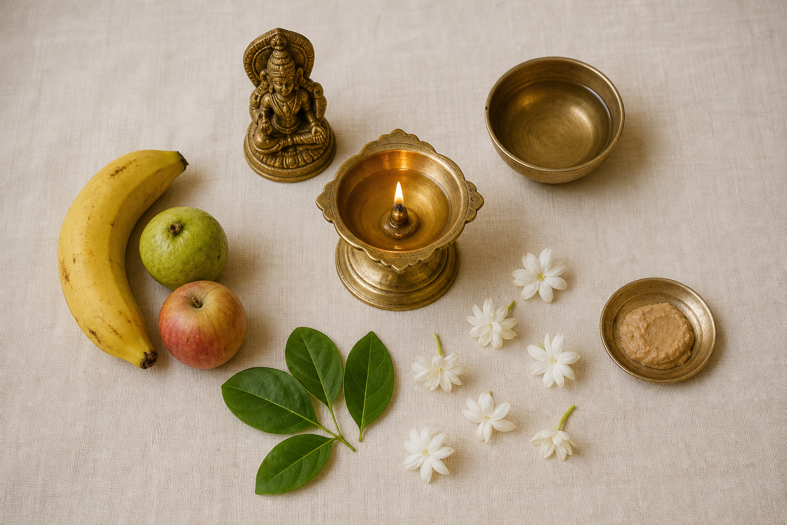 A simple home puja arrangement with a brass Shasta murti, oil lamp, water, fruit, leaves, flowers, and sandalwood paste.