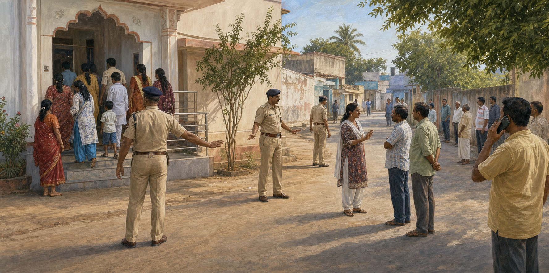 Police and a community mediator calmly create distance between worshippers and local residents outside a small place of worship in Odisha.