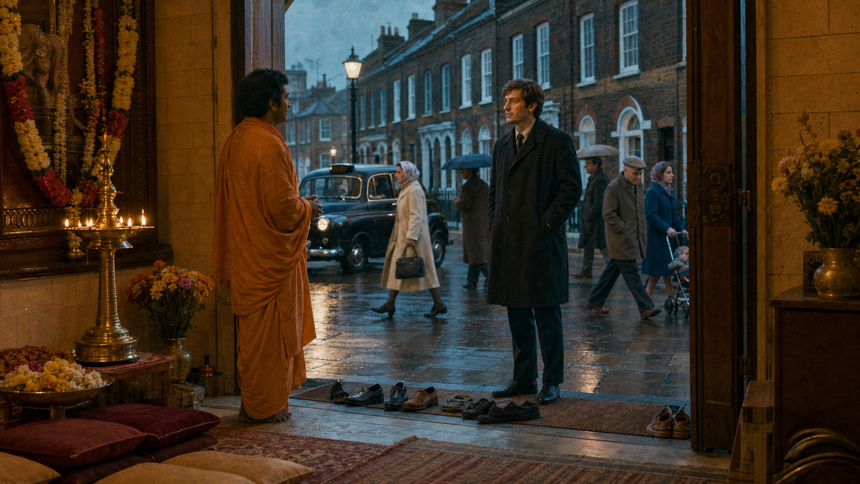 A temple host in saffron robes welcomes a visitor at an open doorway overlooking a rainy 1970 London street.