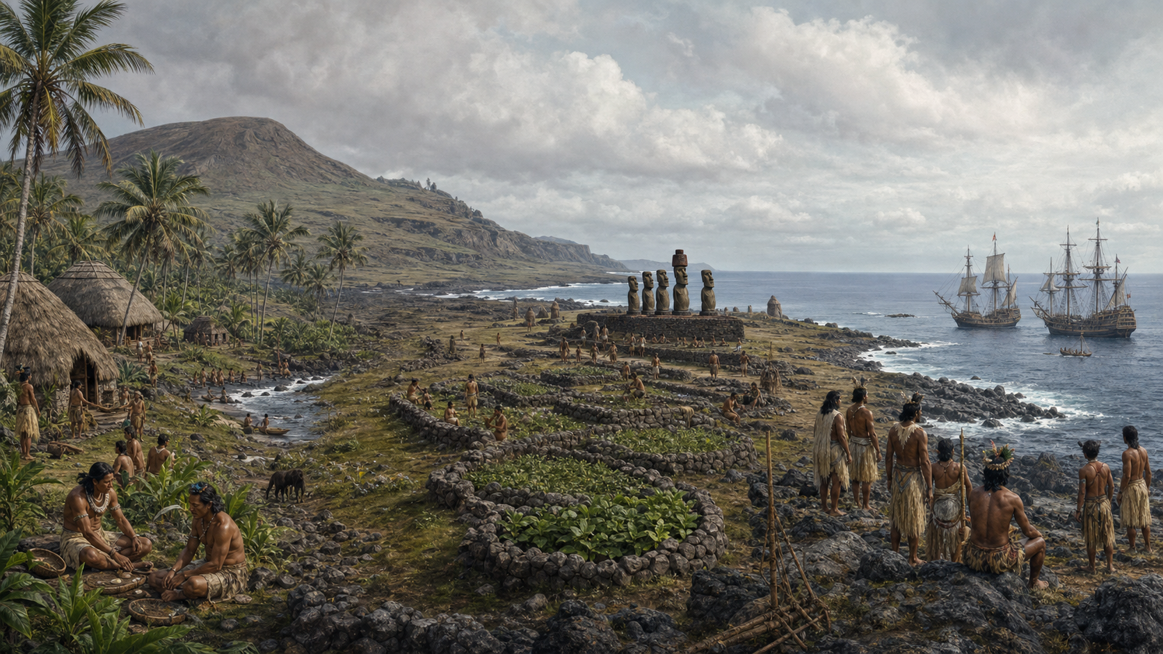 Three connected scenes show Rapa Nui changing from a palm-rich landscape to cultivated treeless fields and then to a community facing foreign ships offshore.