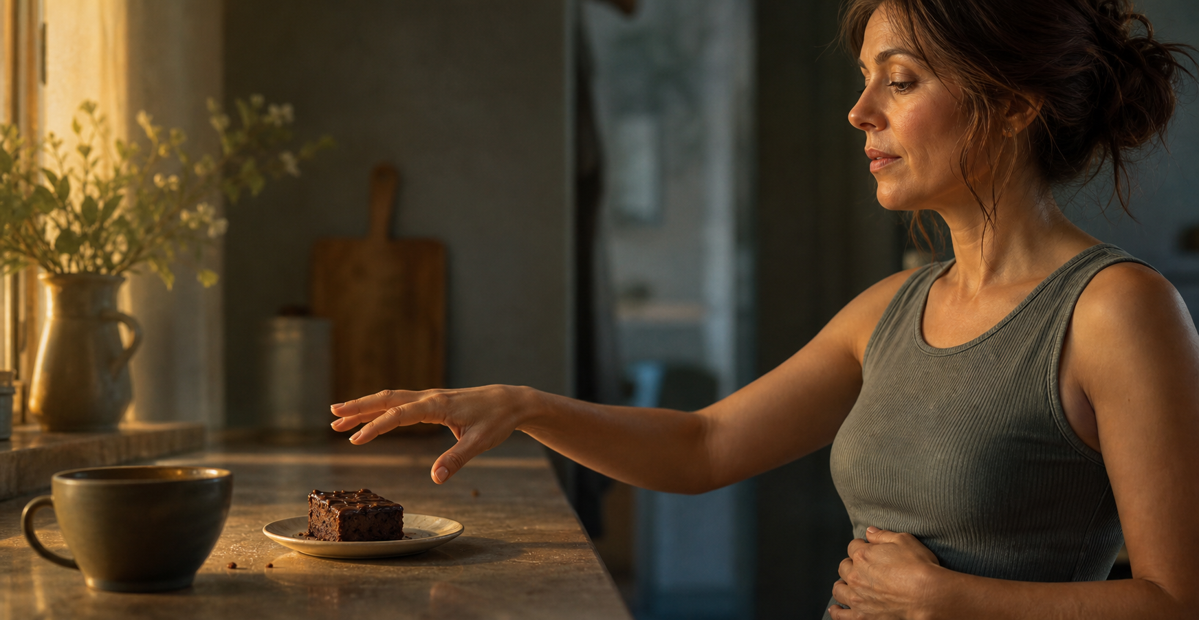 A person pauses with one hand near a second piece of dessert and the other resting on the abdomen, leaving a visible gap between the urge and the action.