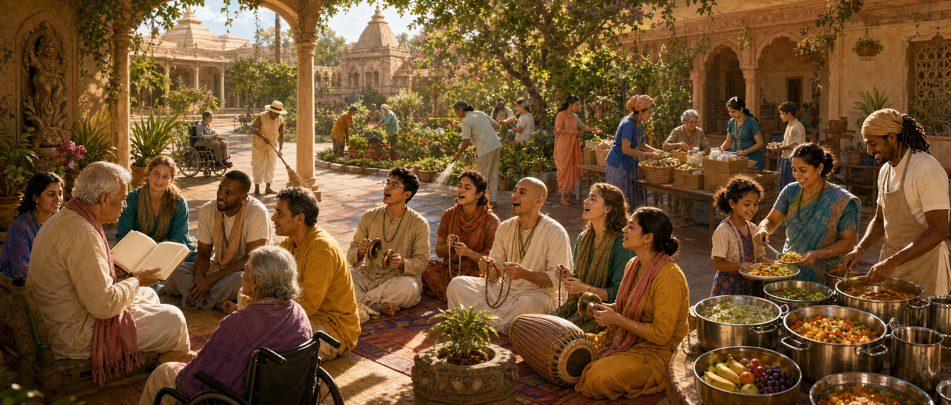Community members hear scripture, chant, prepare and serve vegetarian food, clean the courtyard, garden, and assemble care packages around a temple.