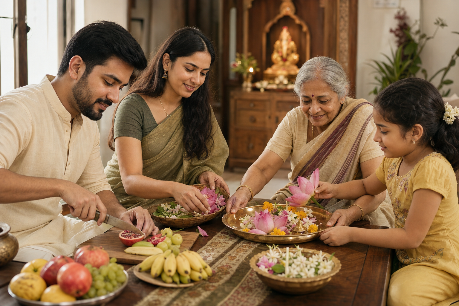 Three generations of a family calmly arrange fruit and flowers together near a softly lit home shrine.