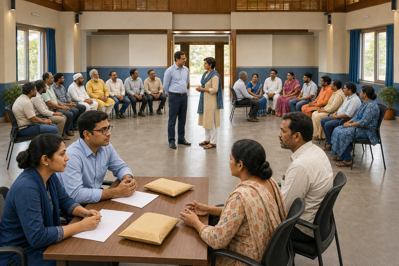 Investigators receive evidence in the foreground while community and faith representatives hold a facilitated peace meeting in the same civic hall.