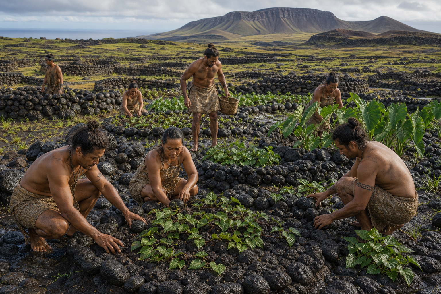 Rapa Nui farmers tend crops among volcanic stones and circular stone windbreaks on an exposed grassy slope.