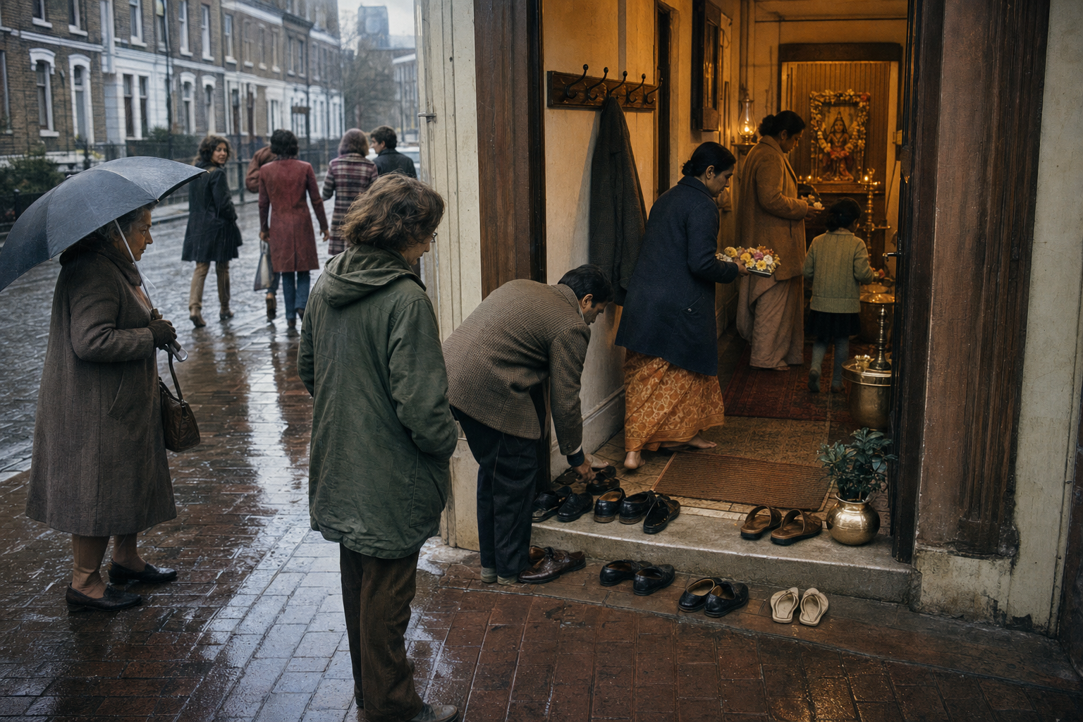 Worshippers, a visitor, and a neighbor gather around the open entrance of a small temple on a wet London street.