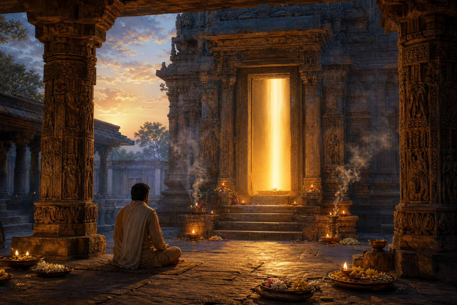 A seated seeker faces a warm column of light in an ancient temple courtyard with lamps, flowers and incense.