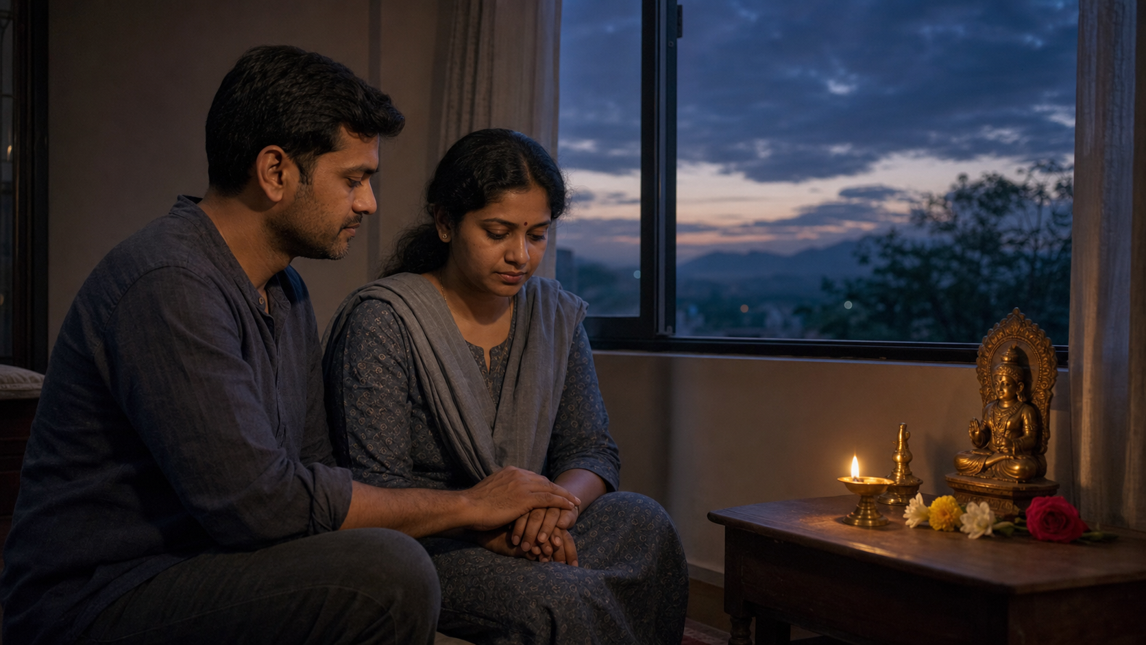 A couple supports each other beside a softly glowing Shasta shrine as early morning light appears through a window.