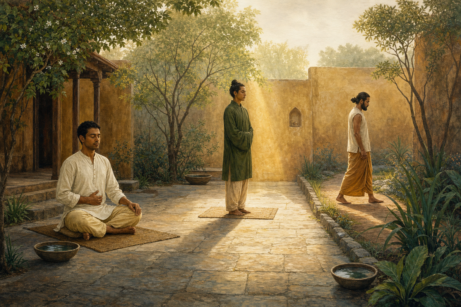 Three practitioners engage separately in seated breathing, composed standing, and slow walking within a sunlit stone courtyard.