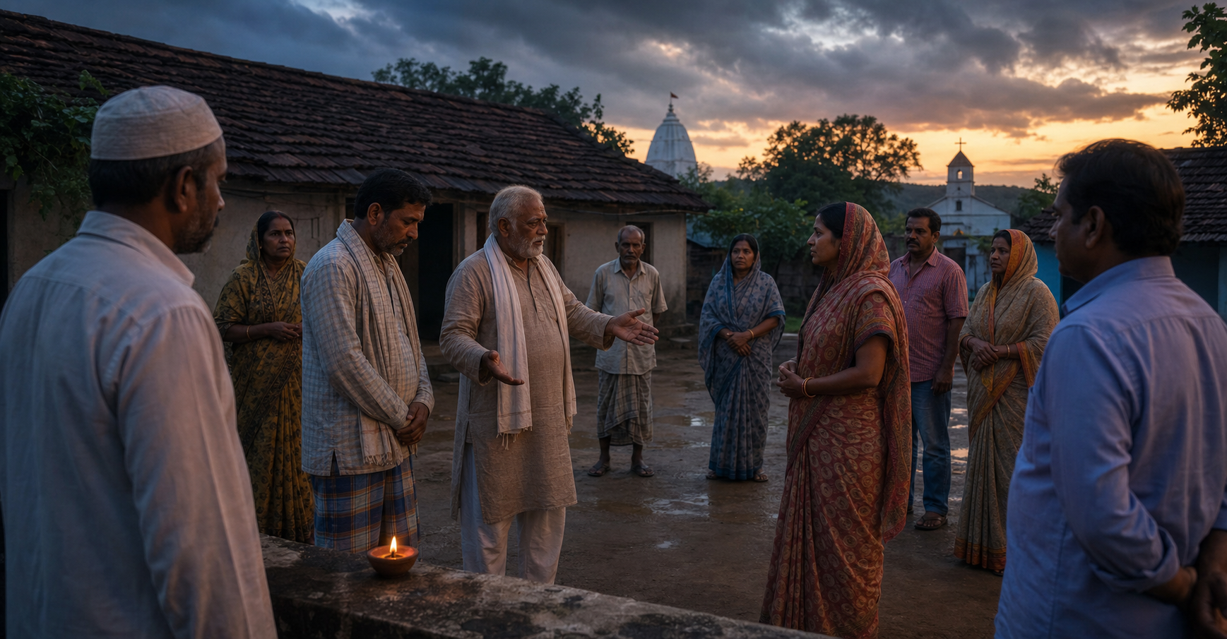 Neighbors from different faith communities listen to an elder mediating a dispute in an Odisha courtyard at dusk, with a temple and church in the distance.