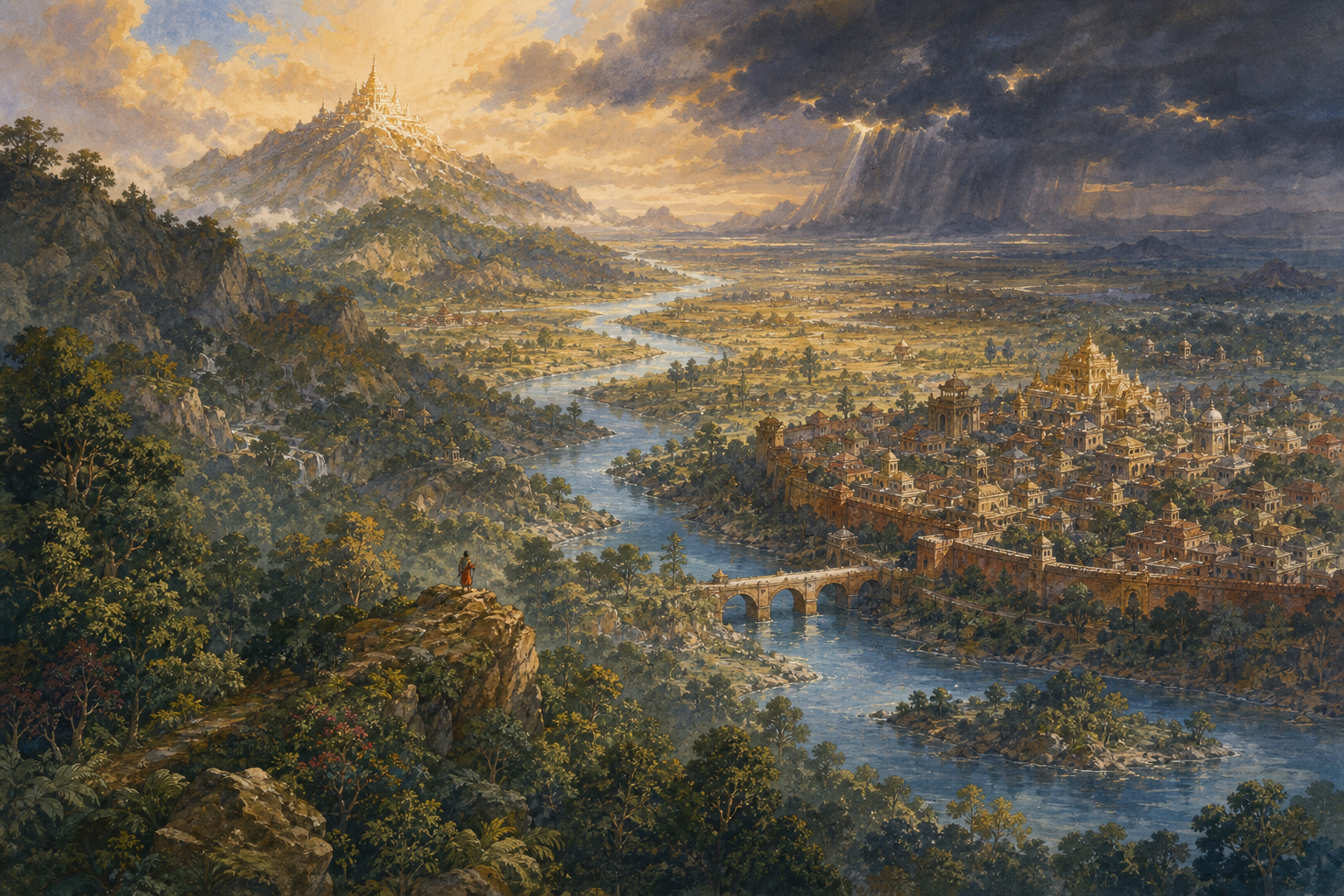 A traveler overlooks a connected landscape of forest, river, city, open plain and distant mountain sanctuary.