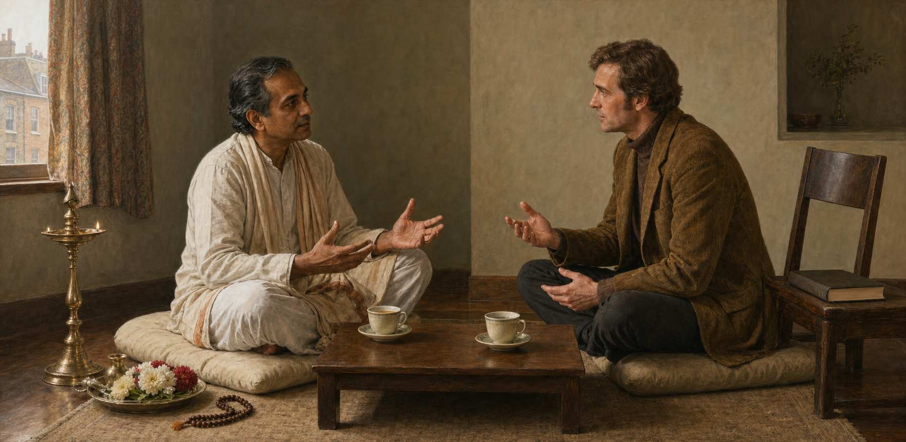 A Hindu teacher and a European visitor sit on separate cushions and speak across a low table in a temple room.