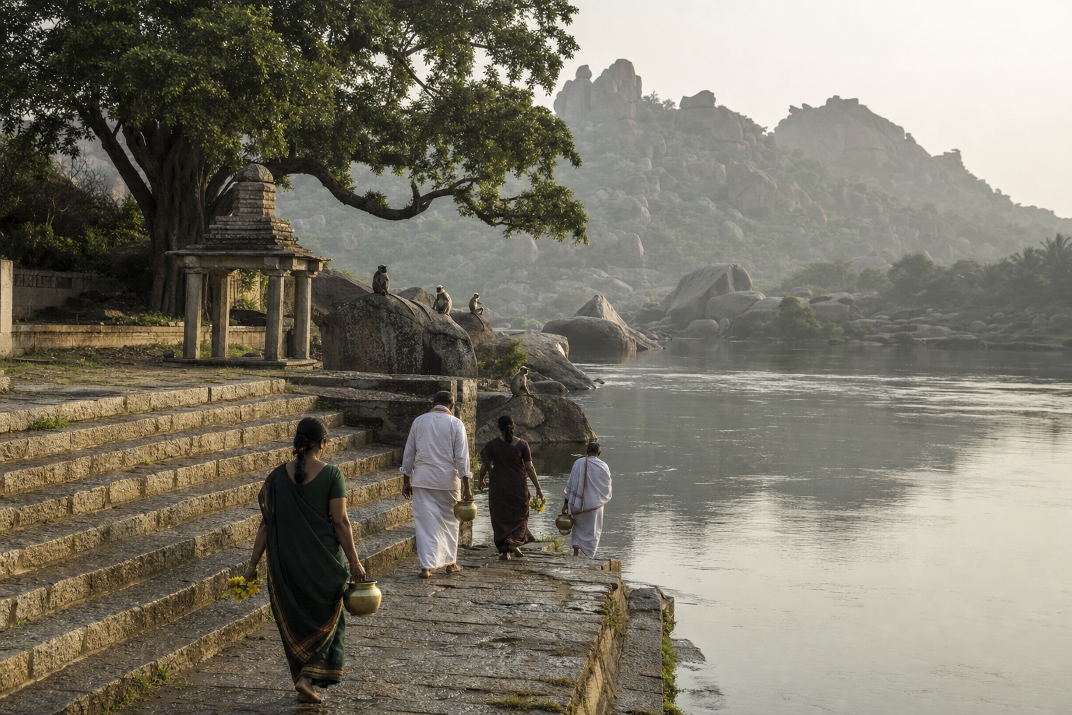 Stone river steps and small shrines beside the Tungabhadra River, with Hampi's granite hills and Virupaksha temple in the distance.