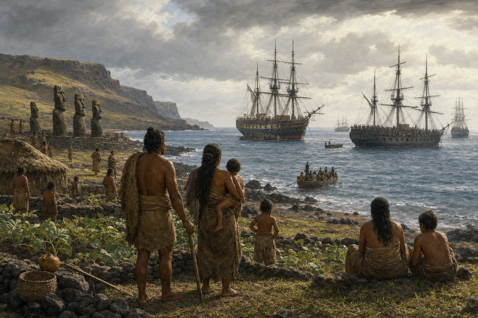 Rapa Nui families watch foreign sailing ships and approaching boats from a coast lined with gardens, stone structures and an ahu.
