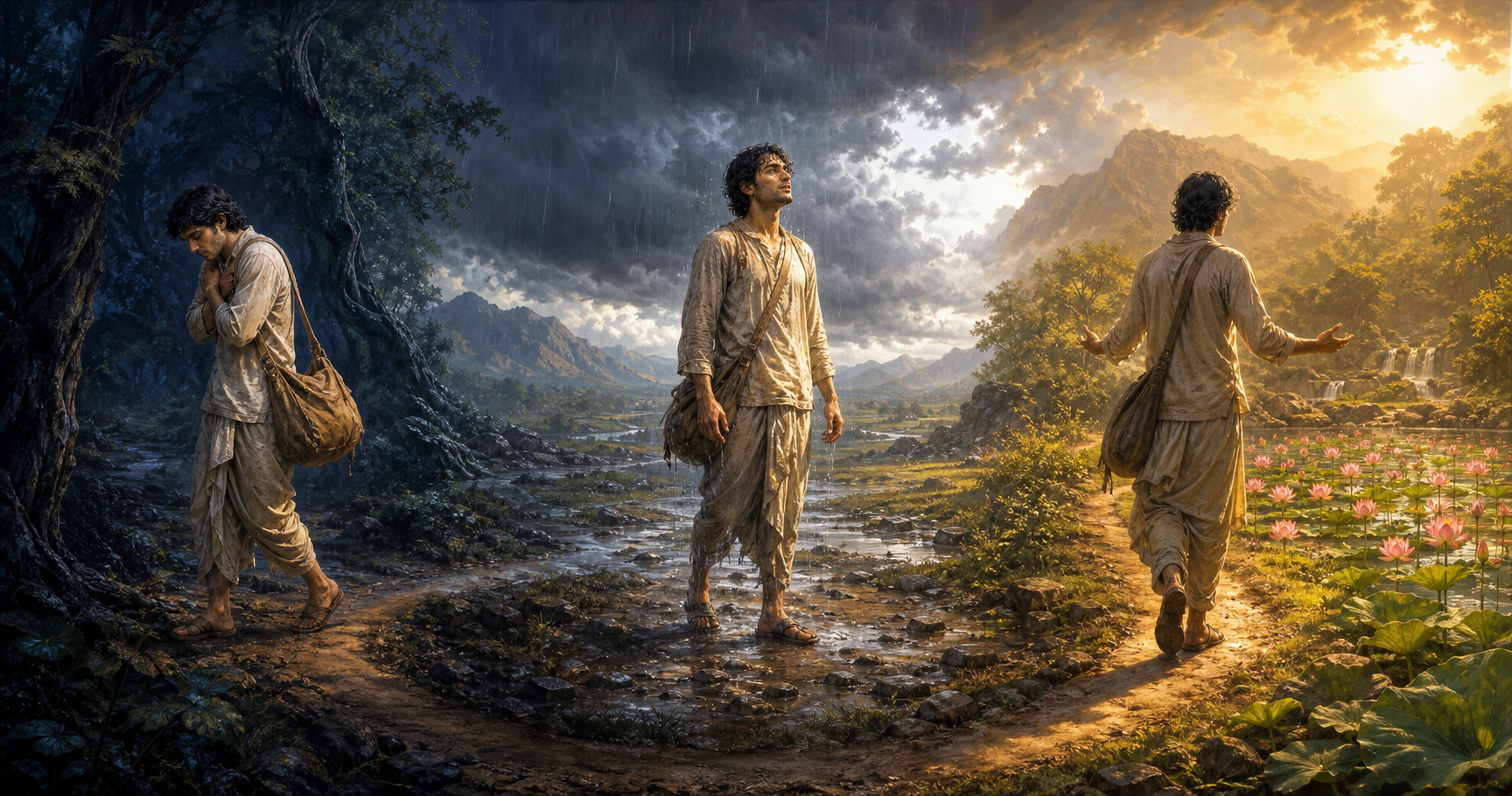 The same traveler moves from a dark grove through a stormy field to a sunlit lotus pond, with posture changing from guarded to calm.
