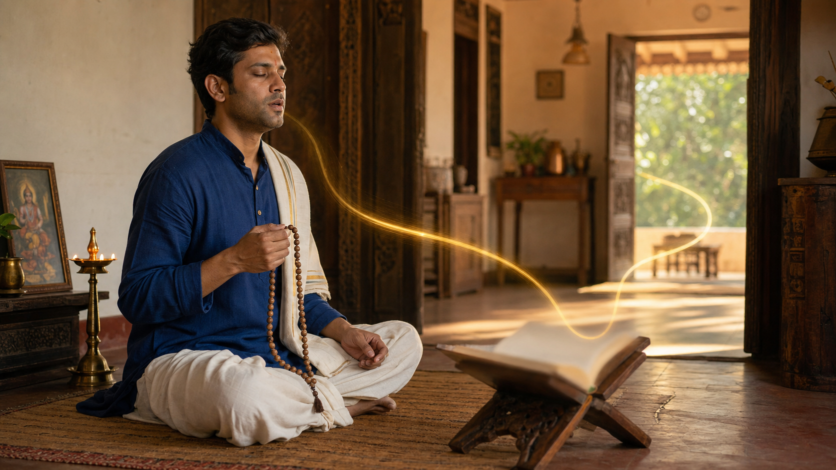 A practitioner chants with wooden prayer beads beside a scripture stand and oil lamp as dawn light enters a home practice space.