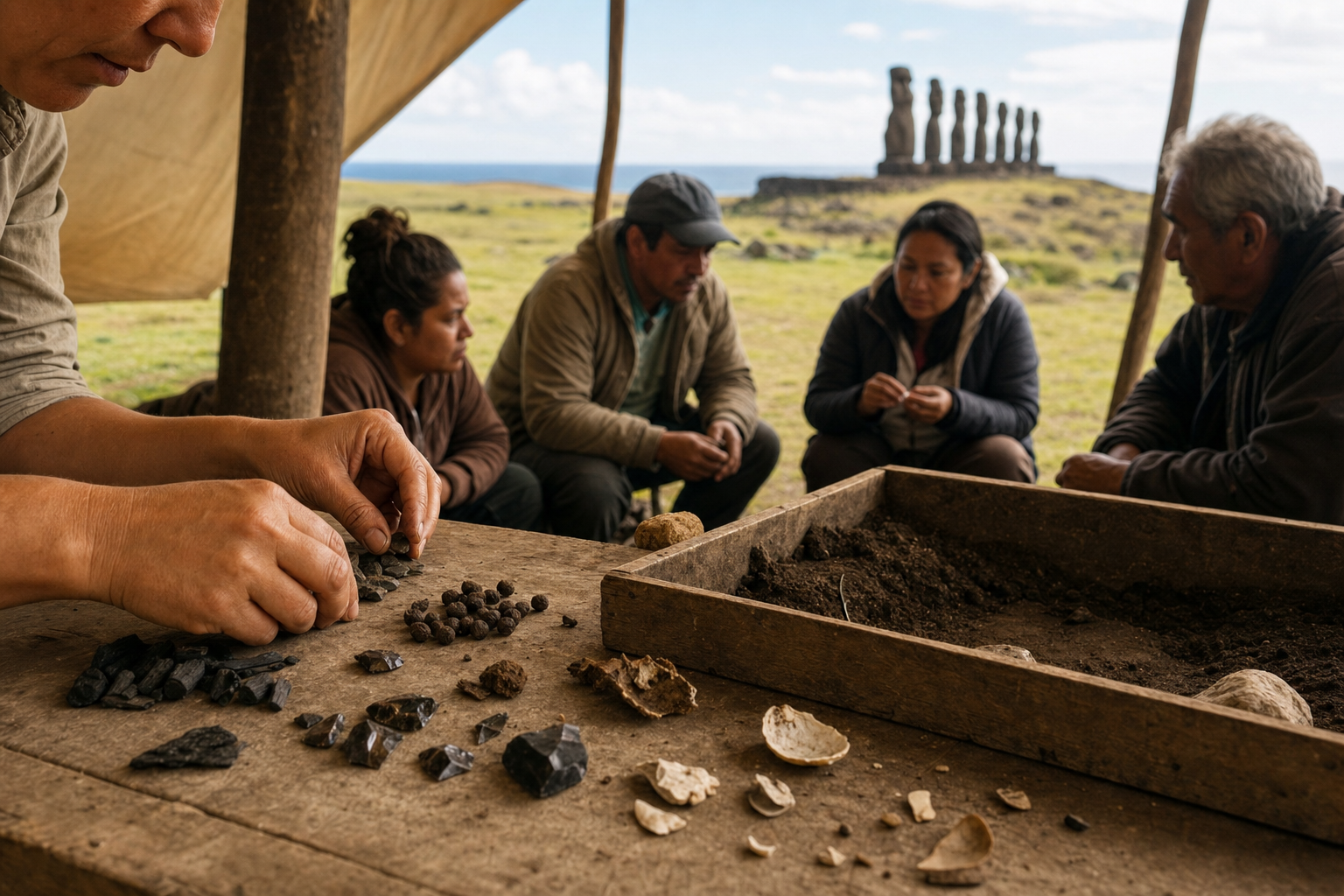 Hands examine charcoal, seeds, obsidian, soil and shell samples at a Rapa Nui field site while community members and researchers confer nearby.
