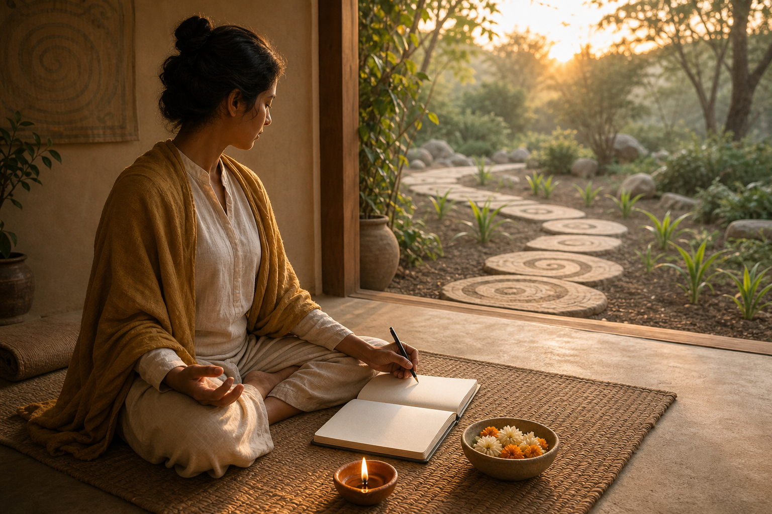 A practitioner meditates beside an oil lamp, flowers and a blank journal in a quiet room opening onto a garden at sunrise.