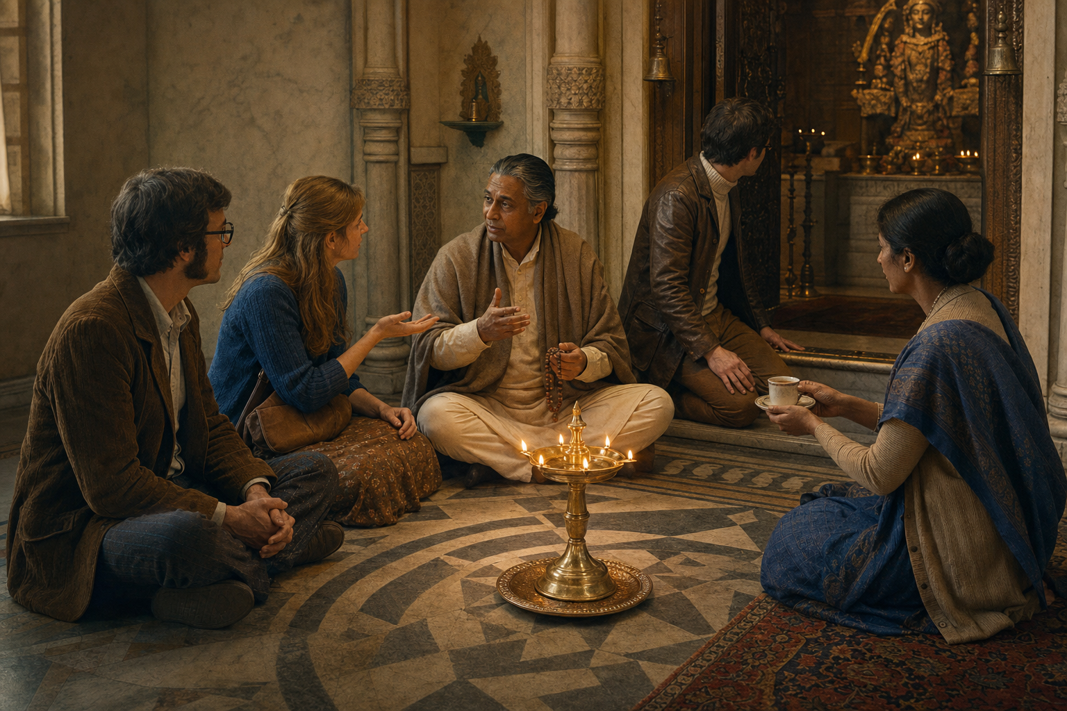 Five people listen, question, explain, respect a temple boundary, and offer hospitality in a softly lit antechamber.
