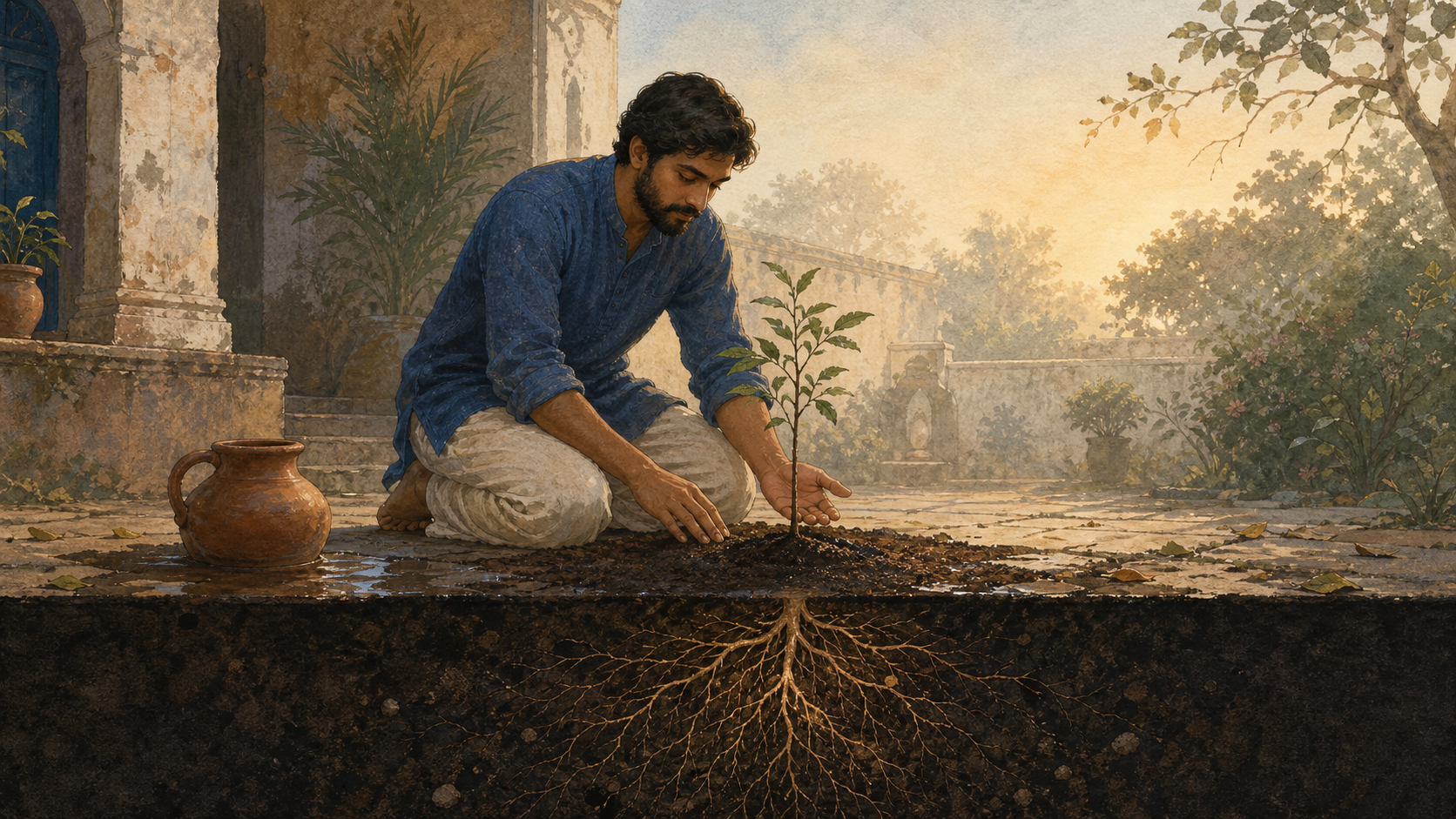 An adult kneels in a dawn courtyard, gently tending a young tree whose spreading roots are visible beneath the soil.