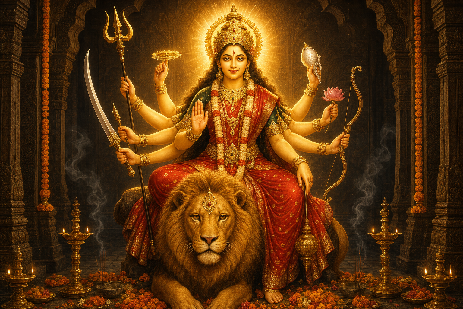 Maa Durga sits on a lion in a temple sanctum, radiating warm golden light while holding traditional attributes in her multiple hands.