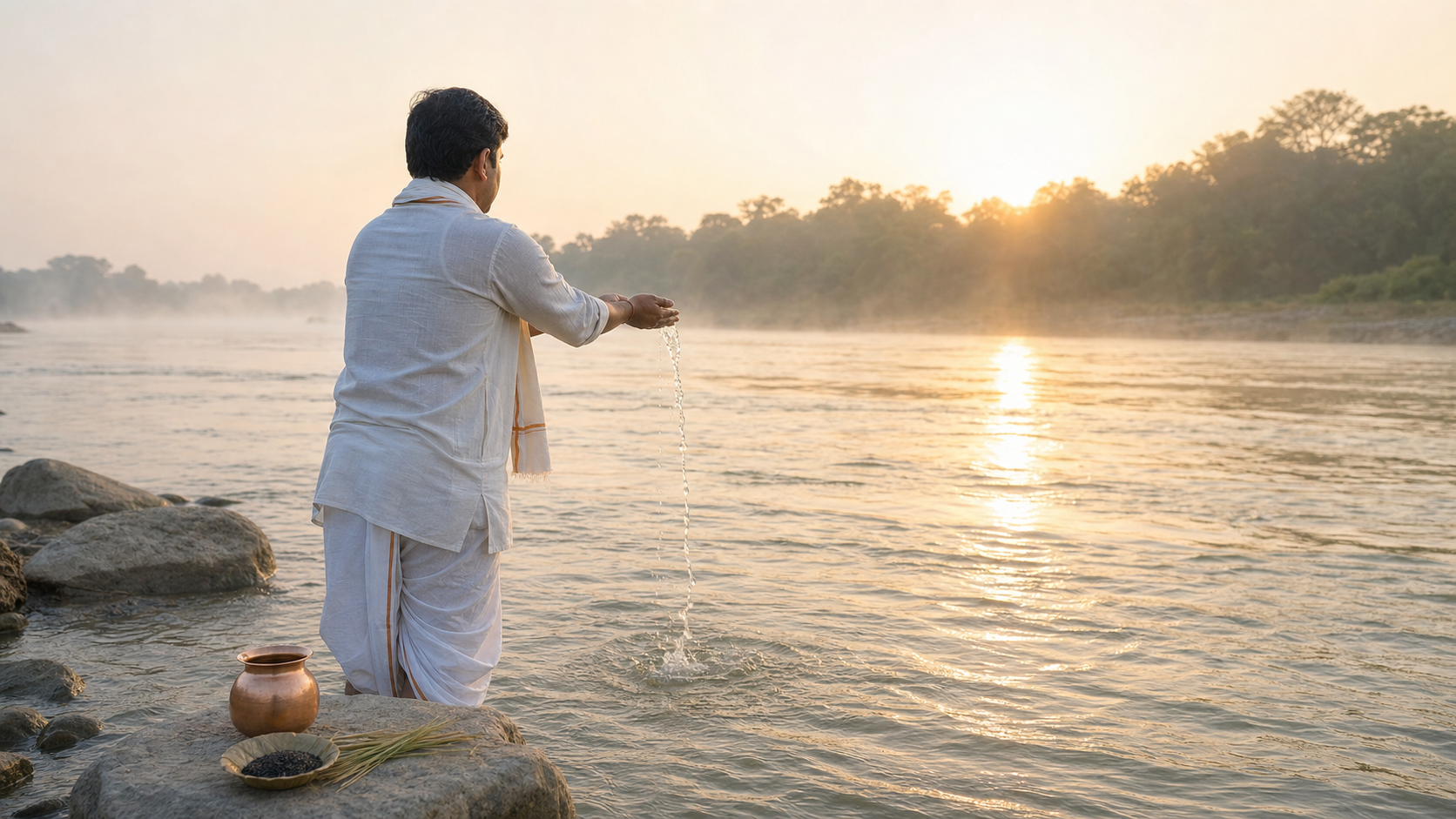 A Hindu practitioner offers water from cupped hands at the edge of a clean flowing river at dawn, with a copper vessel nearby.