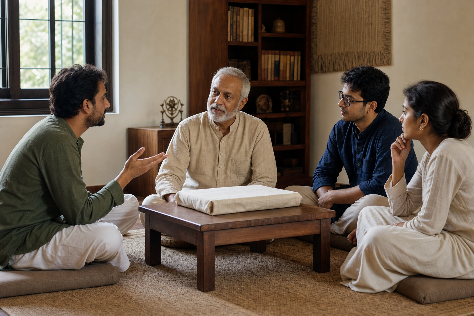 An elder teacher and three adult students discuss a cloth-wrapped scripture together in a softly lit study room.
