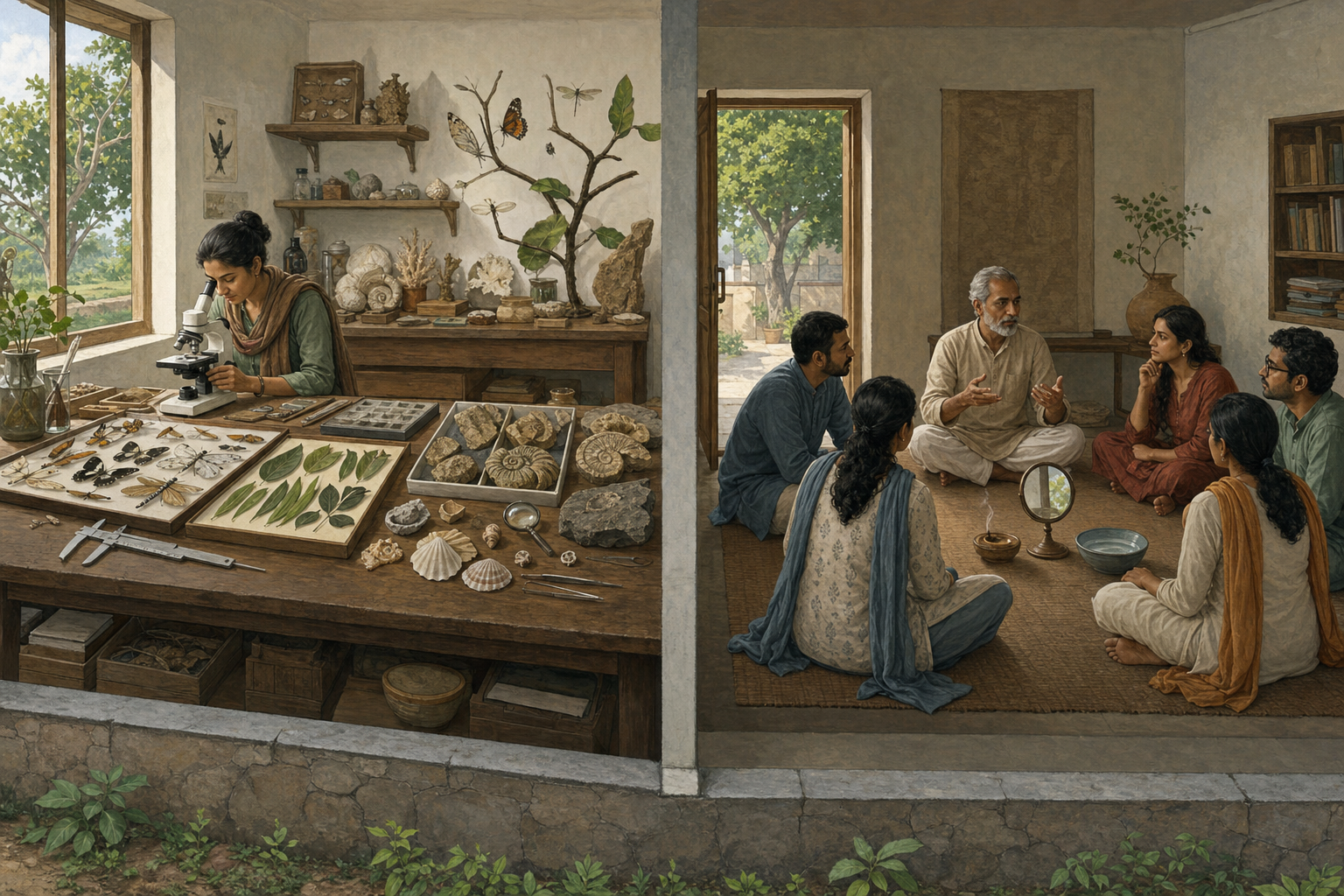 An adjoining laboratory and contemplative room show a biologist examining specimens on one side and a seated discussion group on the other.