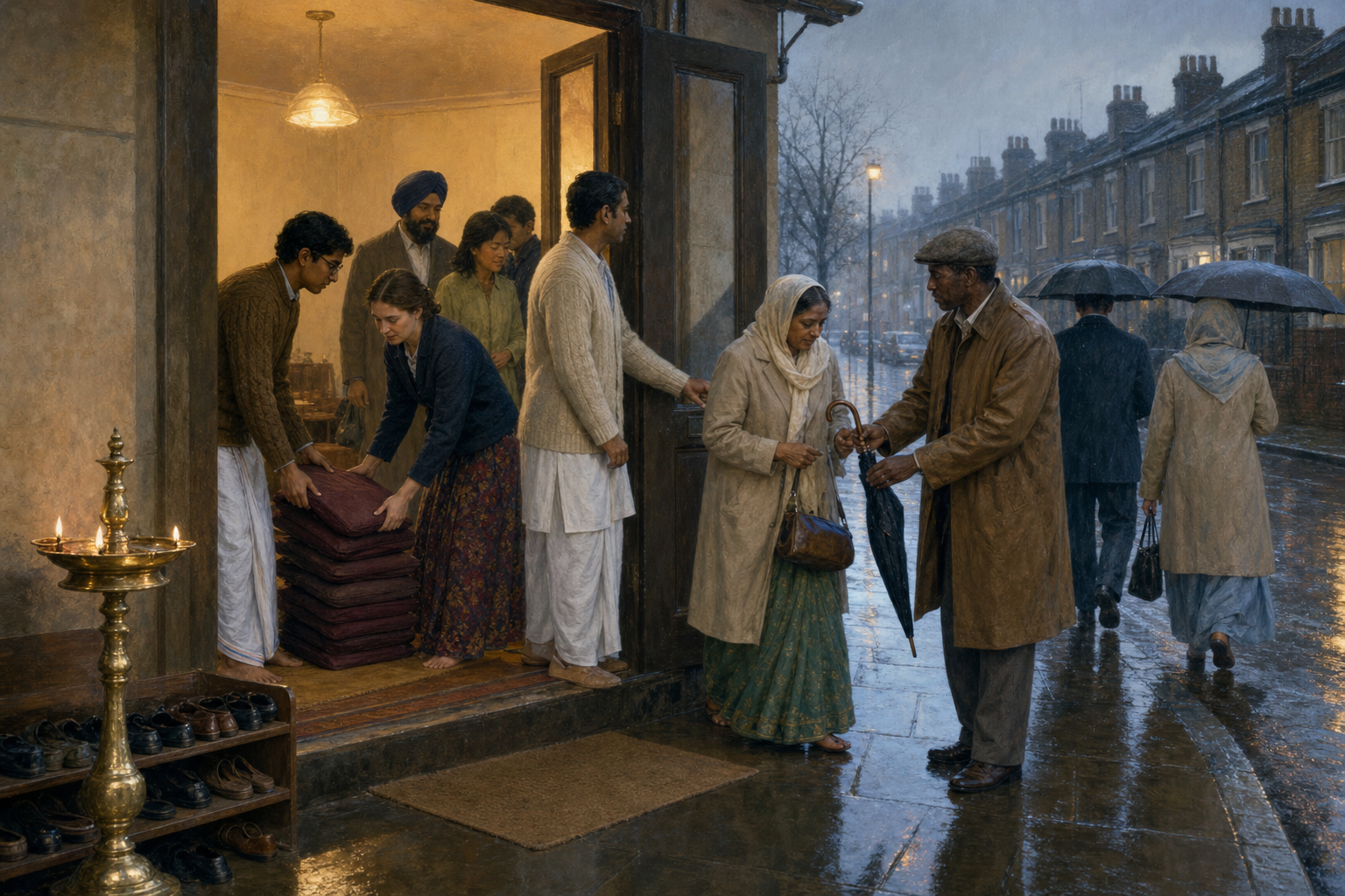 A diverse group tidies a temple and helps one another with coats and umbrellas before stepping onto a rainy London street.