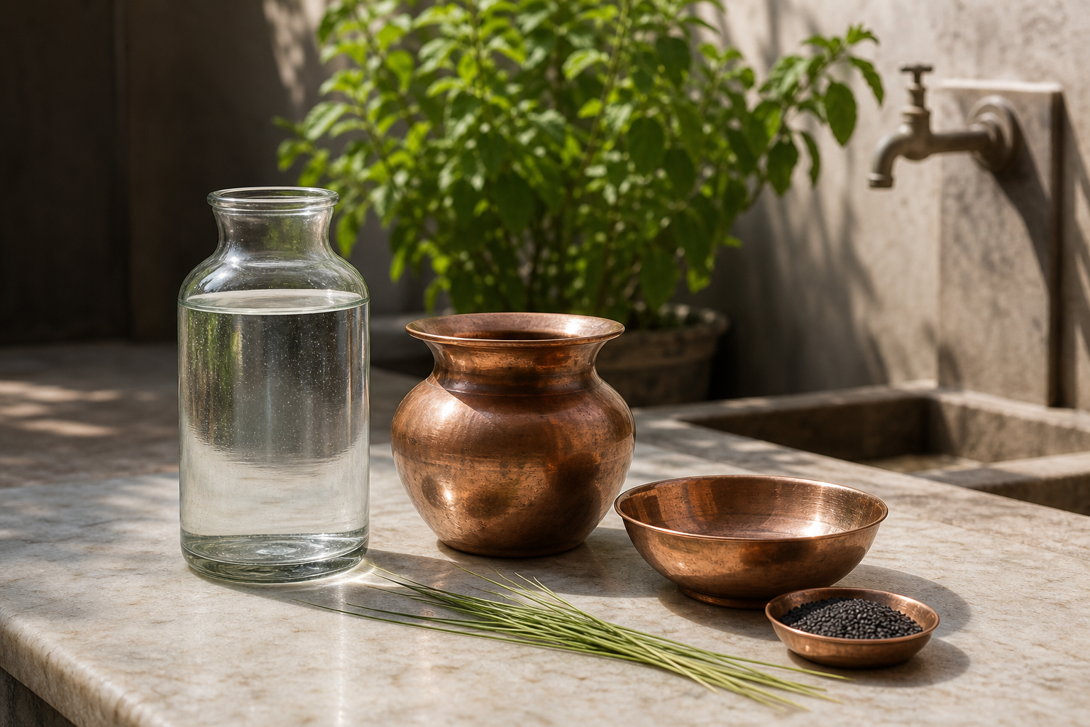 Clear water, a copper lota, kusha grass, and black sesame are arranged on a clean courtyard surface near a household tap and tulsi plant.