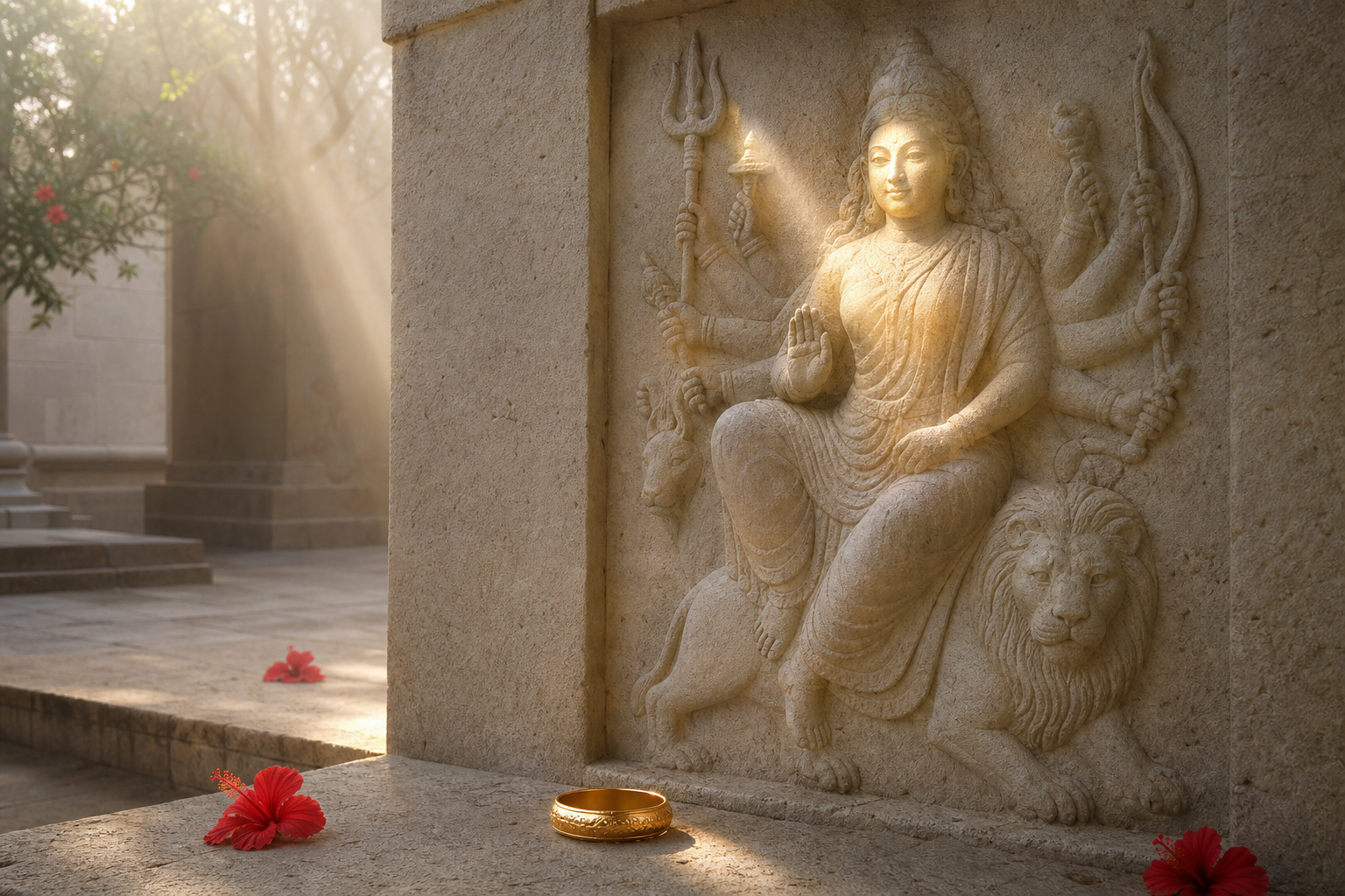Morning sunlight gives a stone relief of Durga a golden glow beside a small reflective gold ornament and red hibiscus flowers.