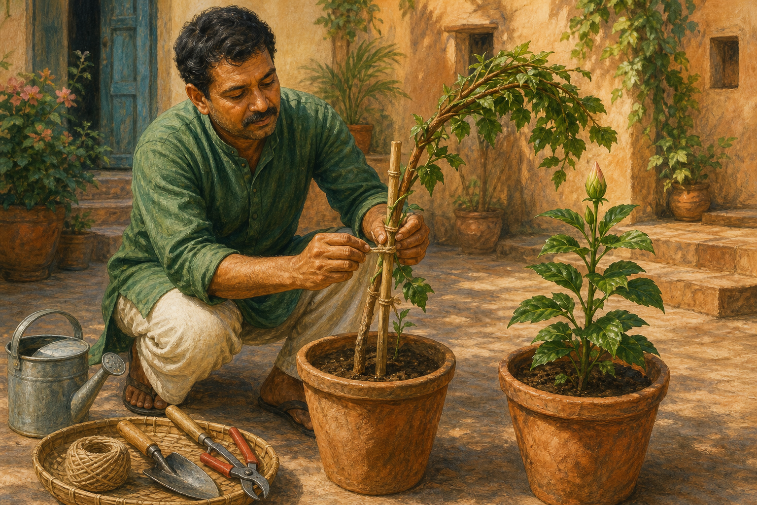 A gardener repairs a broken plant support while leaving a healthy closed flower bud untouched beside it.