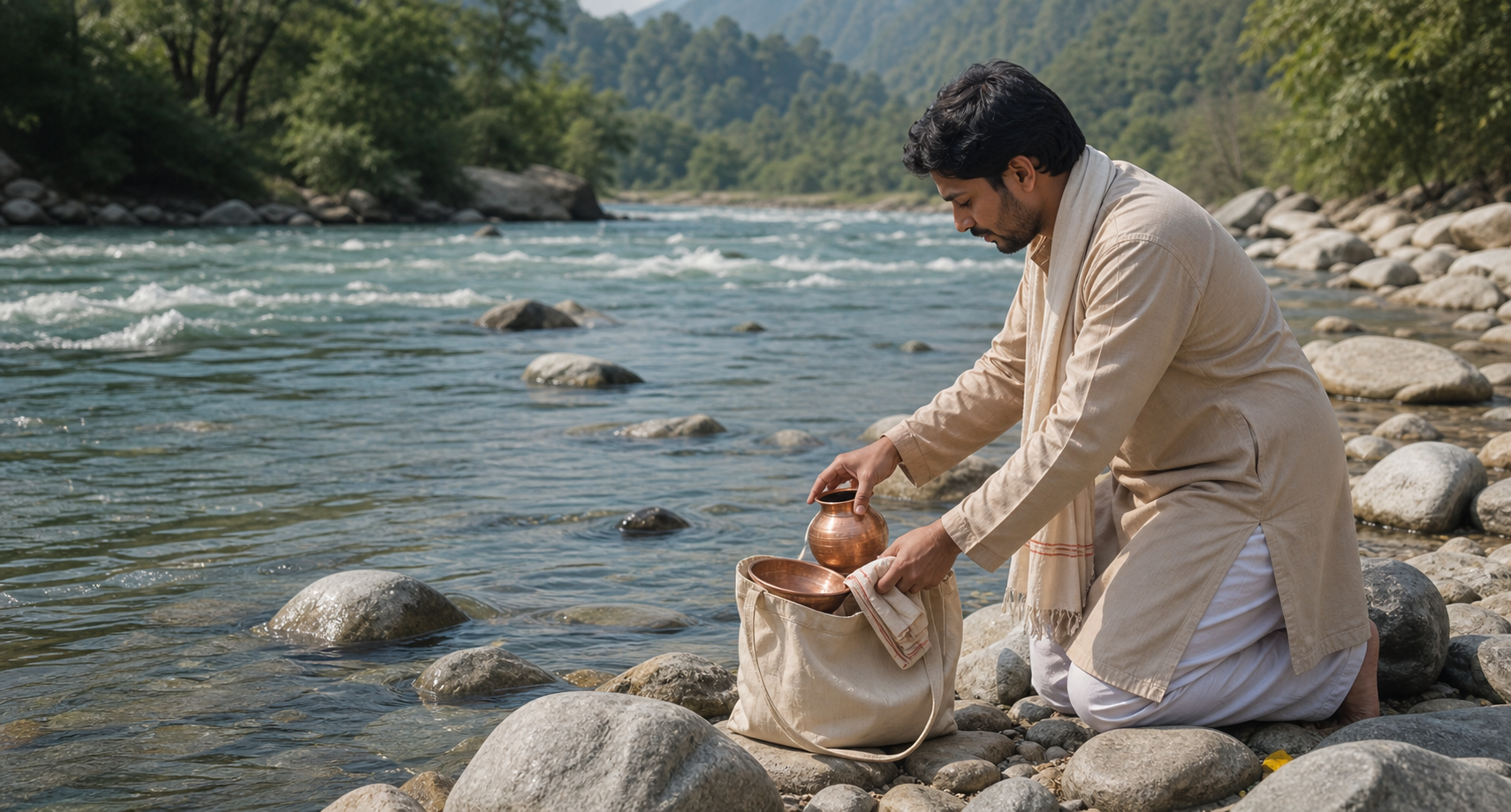 A practitioner packs reusable ritual vessels into a cotton bag beside a clean riverbank with no offerings or litter left behind.