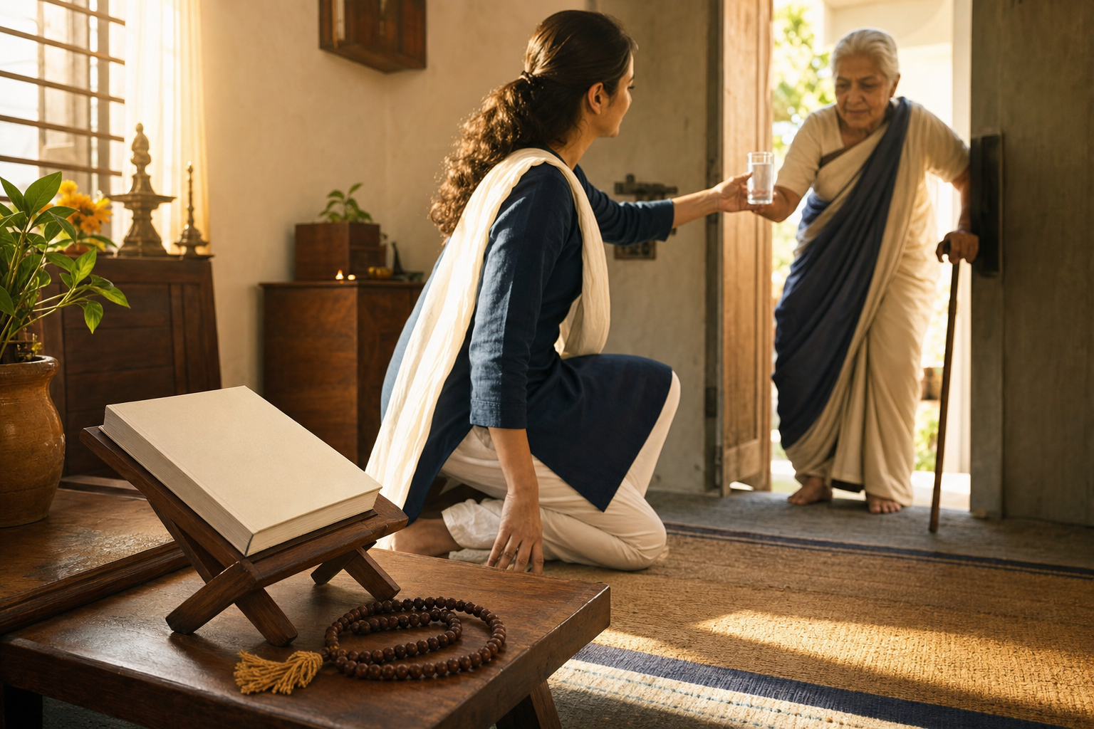Prayer beads and a closed scripture rest in the foreground while a practitioner offers water and assistance to an older relative.