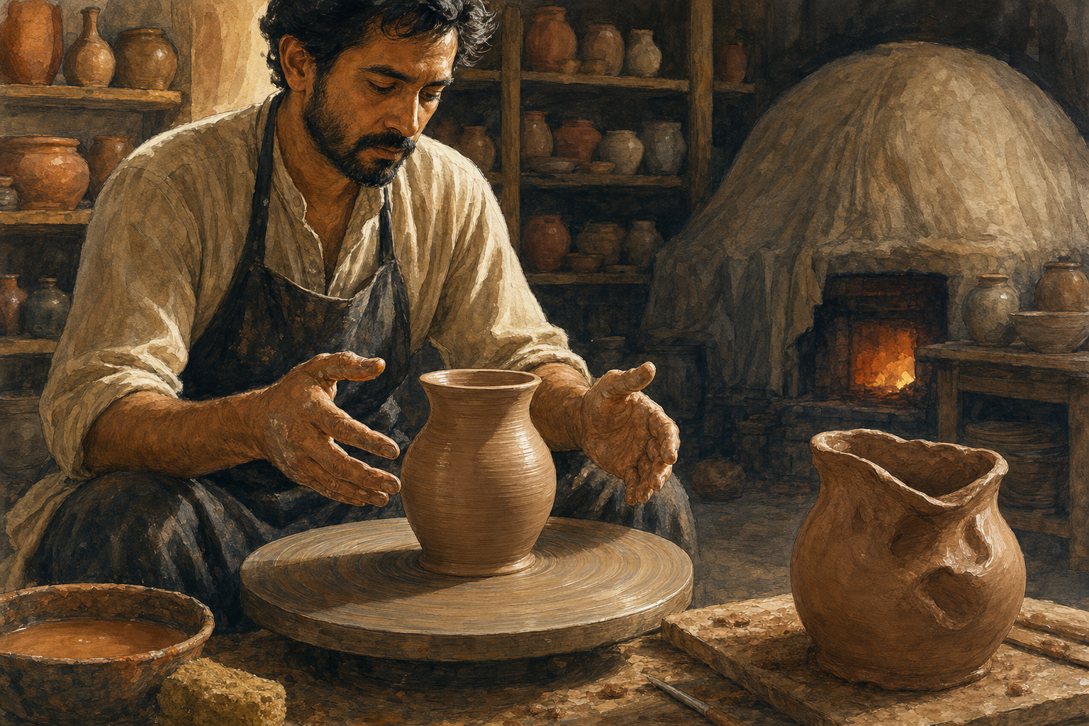 A potter waits with relaxed hands beside a newly shaped clay vessel, while an overhandled vessel with a collapsed rim sits nearby.