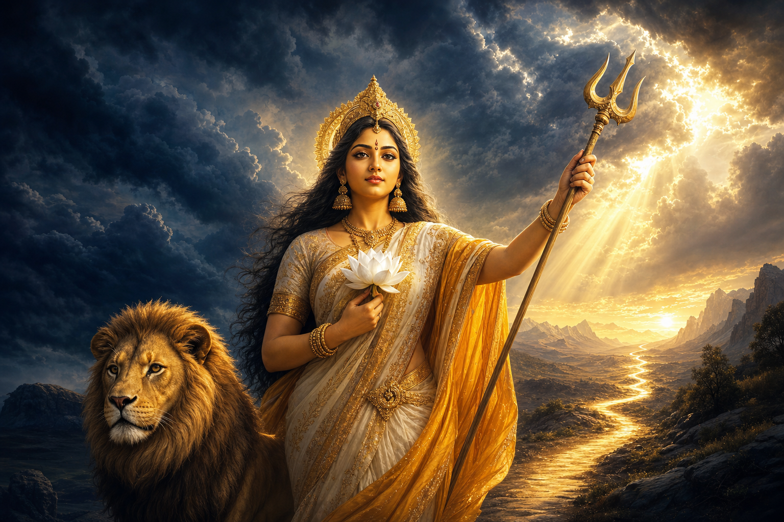 A golden-radiant Durga holds a white lotus and raises a trident as dawn light opens a path through dark clouds, with her lion alert beside her.