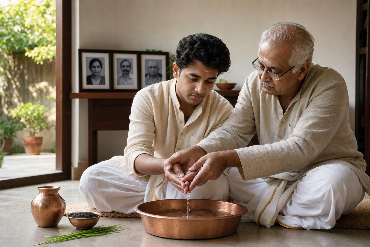 An older family member shows a young adult how to offer water into a copper basin at home, with framed ancestral portraits on a shelf behind them.